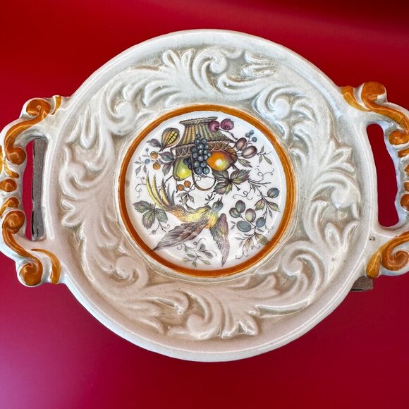 TWO HANDLED CERAMIC LITTLE MAJORKA DISH PLUS BOWL SET w/BIRD & FRUIT DESIGN - Picture 5 of 15